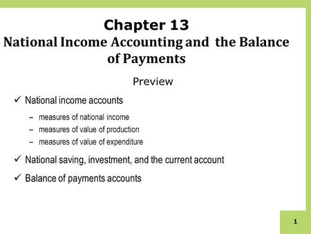 1 Chapter 13 National Income Accounting and the Balance of Payments Preview National income accounts –measures of national income –measures of value of.