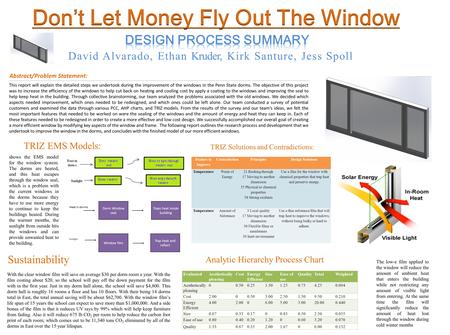 This report will explain the detailed steps we undertook during the improvement of the windows in the Penn State dorms. The objective of this project was.