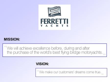 MISSION: VISION:. HISTORY Ferretti story started in 1968 when Norberto Ferretti together with his brother Alessandro begin a new “adventure” which will.