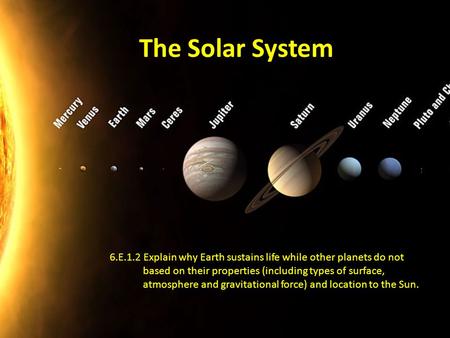 The Solar System 6.E.1.2 Explain why Earth sustains life while other planets do not based on their properties (including types of surface,