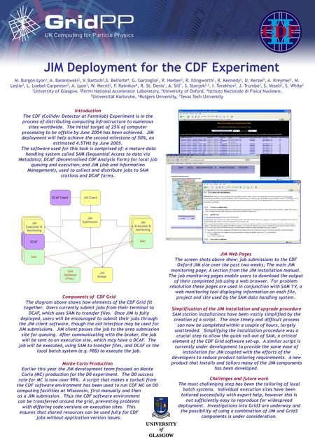 JIM Deployment for the CDF Experiment M. Burgon-Lyon 1, A. Baranowski 2, V. Bartsch 3,S. Belforte 4, G. Garzoglio 2, R. Herber 2, R. Illingworth 2, R.