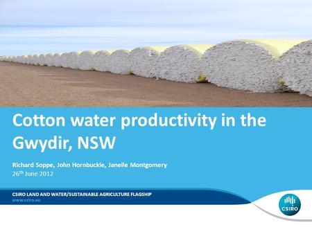 Richard Soppe, John Hornbuckle, Janelle Montgomery 26 th June 2012 CSIRO LAND AND WATER/SUSTAINABLE AGRICULTURE FLAGSHIP Cotton water productivity in the.