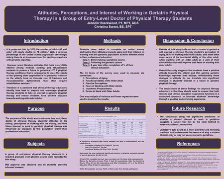 The purpose of this study was to measure how entry-level doctor of physical therapy students’ attitudes of the elderly, perceptions of working with the.