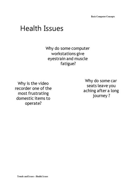 Basic Computer Concepts Health Issues Why do some computer workstations give eyestrain and muscle fatigue? Why do some car seats leave you aching after.