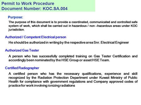 Permit to Work Procedure Document Number: KOC.SA.004