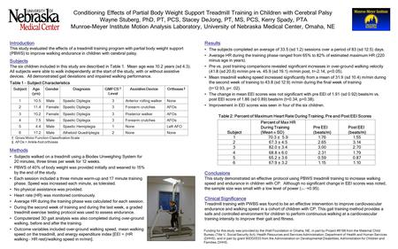 Introduction This study evaluated the effects of a treadmill training program with partial body weight support (PBWS) to improve walking endurance in children.