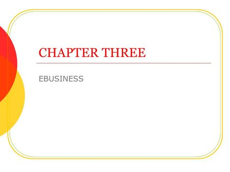 CHAPTER THREE EBUSINESS. Introduction Ebusiness is the conducting of business on the Internet Ebusiness and Ecommerce are not the same Issues Disruptive.