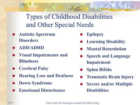 The Center for the Improvement of Child Caring Types of Childhood Disabilities and Other Special Needs  Autistic Spectrum Disorders  ADD/ADHD  Visual.