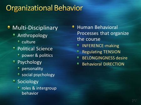 Pv Multi-Disciplinary Anthropology culture Political Science power & politics Psychology personality social psychology Sociology roles & intergroup behavior.