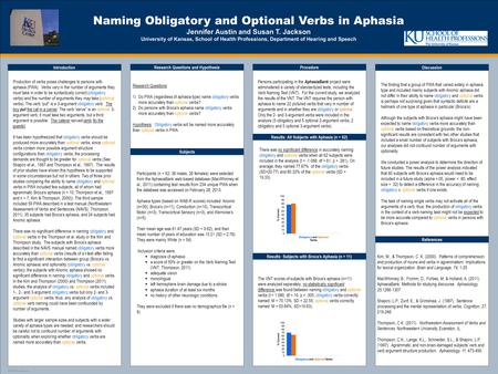 TEMPLATE DESIGN © 2008 www.PosterPresentations.com Naming Obligatory and Optional Verbs in Aphasia Jennifer Austin and Susan T. Jackson University of Kansas,