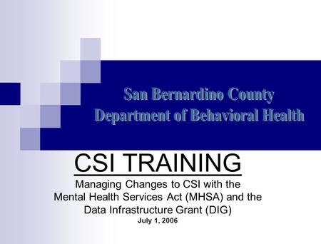 CSI TRAINING Managing Changes to CSI with the Mental Health Services Act (MHSA) and the Data Infrastructure Grant (DIG) July 1, 2006.