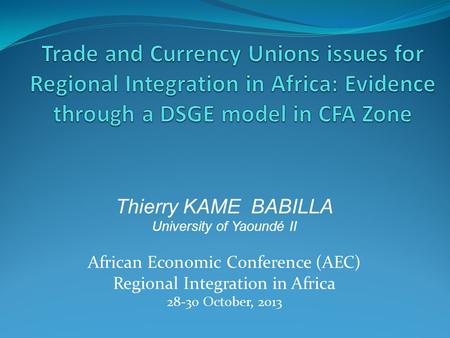 Thierry KAME BABILLA University of Yaoundé II African Economic Conference (AEC) Regional Integration in Africa 28-30 October, 2013.