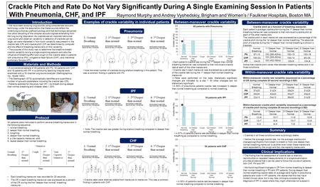 Crackle Pitch and Rate Do Not Vary Significantly During A Single Examining Session In Patients With Pneumonia, CHF, and IPF Raymond Murphy and Andrey Vyshedskiy,