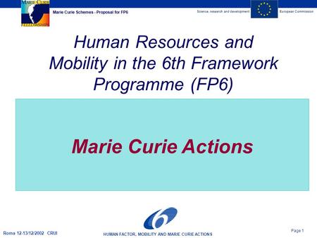 Science, research and developmentEuropean Commission HUMAN FACTOR, MOBILITY AND MARIE CURIE ACTIONS Page 1 Marie Curie Schemes - Proposal for FP6 Roma.