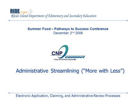 Electronic Application, Claiming, and Administrative Review Processes Summer Food – Pathways to Success Conference December 2 nd 2008 Administrative Streamlining.