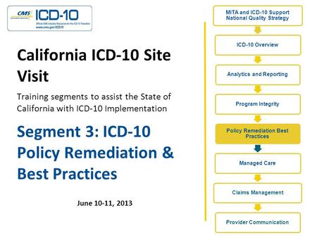 Segment 3: ICD-10 Policy Remediation & Best Practices June 10-11, 2013 California ICD-10 Site Visit Training segments to assist the State of California.