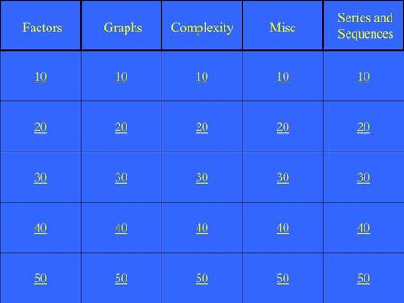 20 30 40 50 10 20 30 40 50 10 20 30 40 50 10 20 30 40 50 10 20 30 40 50 10 FactorsGraphsComplexityMisc Series and Sequences.