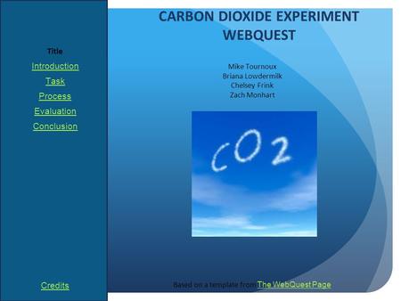Title Introduction Task Process Evaluation Conclusion Credits Mike Tournoux Briana Lowdermilk Chelsey Frink Zach Monhart Based on a template from The WebQuest.