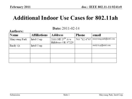 Doc.: IEEE 802.11-11/0241r0 Submission February 2011 Minyoung Park, Intel Corp.Slide 1 Additional Indoor Use Cases for 802.11ah Date: 2011-02-14 Authors: