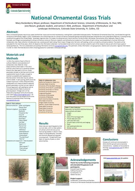 National Ornamental Grass Trials Table C: Data Collection Seasonally, during 2013-2015 the following measurements are taken: Height Width Date of first.