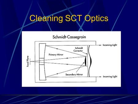 Cleaning SCT Optics Ways to Prevent from Cleaning your Optics Don’t let your optics get dirty! Keep them covered when not in use. Use a Series 6 Skylight.