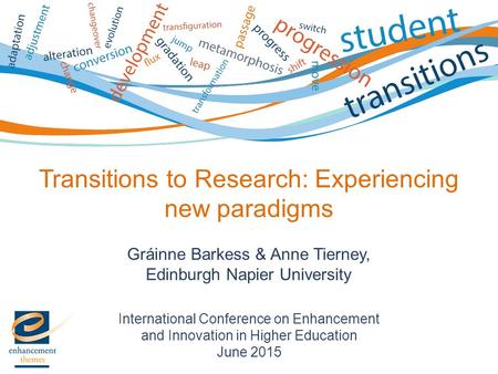 International Conference on Enhancement and Innovation in Higher Education June 2015 Transitions to Research: Experiencing new paradigms Gráinne Barkess.