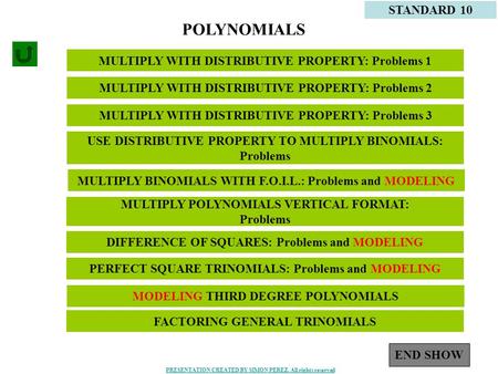 1 MULTIPLY WITH DISTRIBUTIVE PROPERTY: Problems 1 STANDARD 10 MULTIPLY WITH DISTRIBUTIVE PROPERTY: Problems 2 POLYNOMIALS MULTIPLY WITH DISTRIBUTIVE PROPERTY: