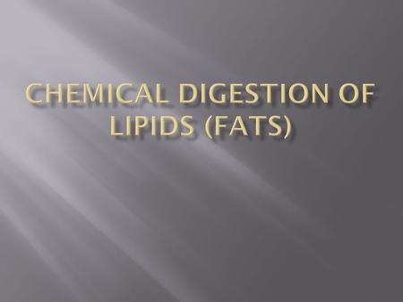 1.Mouth – lingual lipase (enzyme) in the saliva digests some triglycerides Triglycerides Glyerol and fatty acids 2. Stomach – food is churned and the.