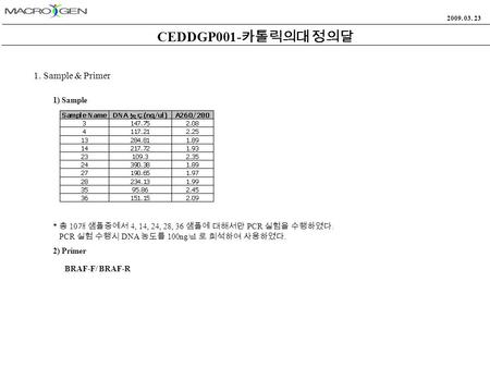 1. Sample & Primer 2009. 03. 23 CEDDGP001- 카톨릭의대 정의달 * 총 10 개 샘플중에서 4, 14, 24, 28, 36 샘플에 대해서만 PCR 실험을 수행하였다. PCR 실험 수행시 DNA 농도를 100ng/ul 로 희석하여 사용하였다.