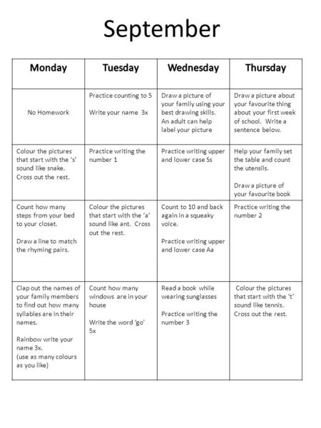 No Homework Practice counting to 5 Write your name 3x Draw a picture of your family using your best drawing skills. An adult can help label your picture.
