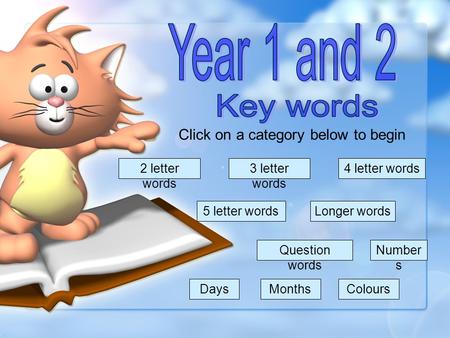 Click on a category below to begin 2 letter words 3 letter words 4 letter words 5 letter words Question words DaysMonthsColours Number s Longer words.