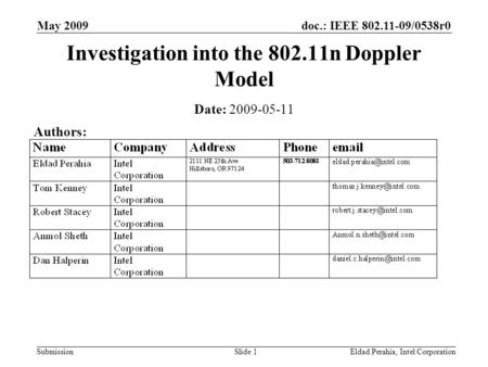 Doc.: IEEE 802.11-09/0538r0 Submission May 2009 Eldad Perahia, Intel CorporationSlide 1 Investigation into the 802.11n Doppler Model Date: 2009-05-11 Authors: