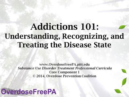 Addictions 101: Understanding, Recognizing, and Treating the Disease State www.OverdoseFreePA.pitt.edu Substance Use Disorder Treatment Professional Curricula.