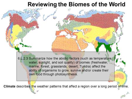 Climate describes the weather patterns that affect a region over a long period of time. 6.L.2.3 Summarize how the abiotic factors (such as temperature,