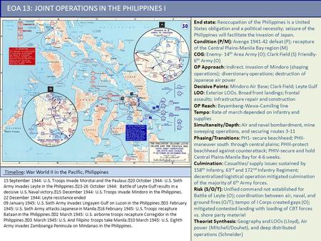 EOA 13: JOINT OPERATIONS IN THE PHILIPPINES I End state: Reoccupation of the Philippines is a United States obligation and a political necessity; seizure.