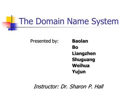 The Domain Name System Presented by: Baolan Bo Bo Liangzhen LiangzhenShuguangWeihuaYujun Instructor: Dr. Sharon P. Hall.