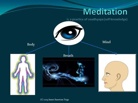 Mind Breath Body (C) 2013 Inner Sanctum Yoga. Reasons to Meditate What is your reason? Accessing inner stillness Calming the monkey mind Reduce anxiety.