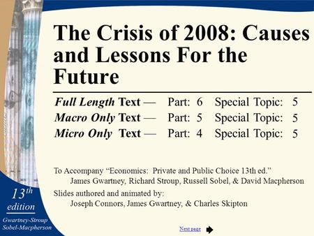 To Accompany “Economics: Private and Public Choice 13th ed.” James Gwartney, Richard Stroup, Russell Sobel, & David Macpherson Slides authored and animated.