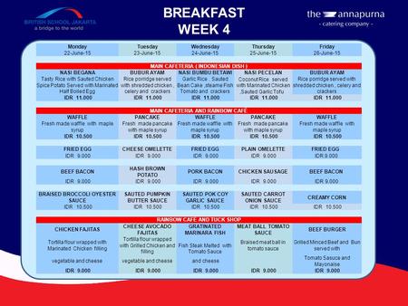 BREAKFAST WEEK 4 MondayTuesdayWednesdayThursdayFriday 22-June-1523-June-1524-June-1525-June-1526-June-15 MAIN CAFETERIA ( INDONESIAN DISH ) NASI BEGANABUBUR.