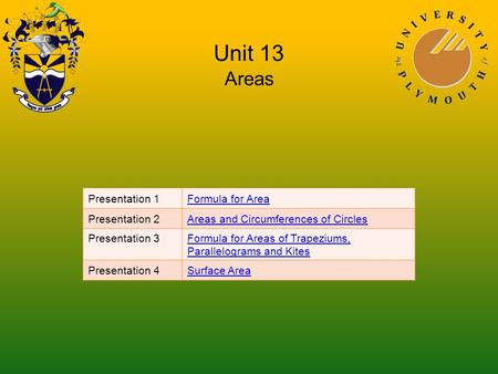 Unit 13 Areas Presentation 1Formula for Area Presentation 2Areas and Circumferences of Circles Presentation 3Formula for Areas of Trapeziums, Parallelograms.