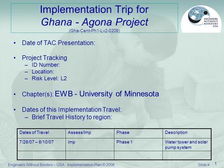 Engineers Without Borders – USA : Implementation Plan © 2006 Slide # 1 Implementation Trip for Ghana - Agona Project (Gha-Cent-Ph1-Lv2-0209) Date of TAC.