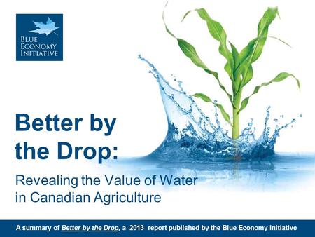 Better by the Drop: Revealing the Value of Water in Canadian Agriculture A summary of Better by the Drop, a 2013 report published by the Blue Economy Initiative.