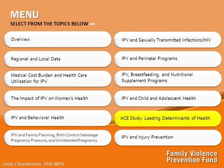 Linda Chamberlain, PhD MPH IPV and Sexually Transmitted Infections/HIV MENU Overview Regional and Local Data The Impact of IPV on Women’s Health IPV and.