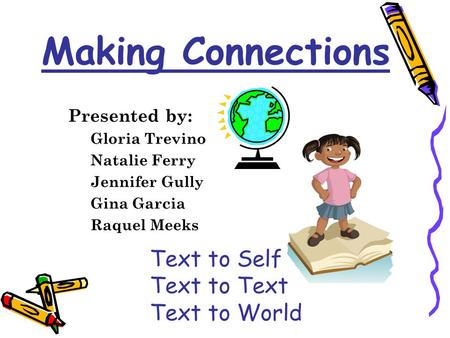 Making Connections Presented by: Gloria Trevino Natalie Ferry Jennifer Gully Gina Garcia Raquel Meeks Text to Self Text to Text Text to World.