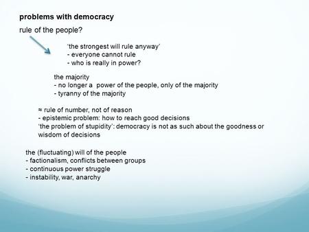 Problems with democracy rule of the people? the majority - no longer a power of the people, only of the majority - tyranny of the majority ≈ rule of number,