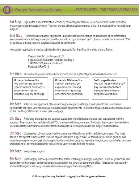 STEP-BY-STEP – THE PROGRAM PROCESS 1st Step: Sign up for a free information session by contacting our office at (503)227-5050 or via the website at www.oregonweightlosssurgery.com.