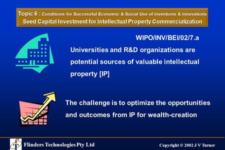 Flinders Technologies Pty Ltd Copyright © 2002 J V Turner WIPO/INV/BEI/02/7.a Universities and R&D organizations are potential sources of valuable intellectual.