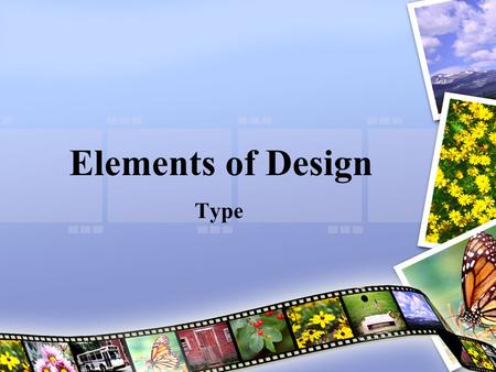 Elements of Design Type. Objectives After this lesson, you will understand: –The 5 primary categories of type –Elements of typography –Special characters.