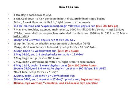 Run 11 as run 3 Jan, Begin cool-down to 4.5K 8 Jan, Cool-down to 4.5K complete in both rings, preliminary setup begins 24 Jan, 1 week Ramp-up with 8 hr/night.