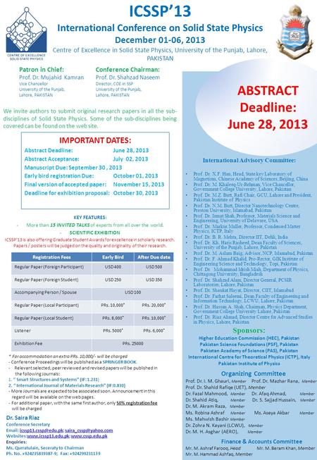 ICSSP’13 International Conference on Solid State Physics December 01-06, 2013 Centre of Excellence in Solid State Physics, University of the Punjab, Lahore,